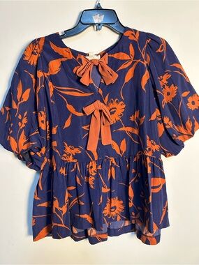 easel Navy and Orange Floral Bow-Tie Peplum Blouse
